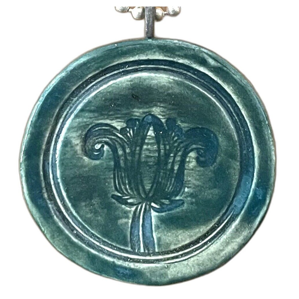 Teal Flower Ceramic Pendant Handmade Art Necklace Fairy Cottagecore Boho Hippie‎